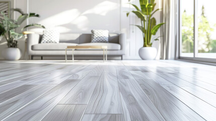 Empty room with whitewashed grey laminate flooring, parquet boards and white wall in the background. Sample of flooring for home, apartment, selective focus.