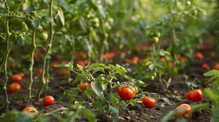Tomatoes ripening on plants in an outdoor farm setting.

