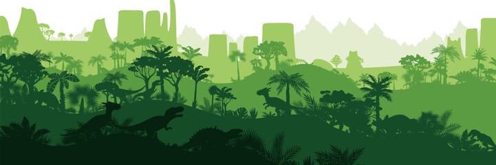 Dinosaur jungle background. Layered landscape with prehistoric rainforest. Parallax effect. Horizontal green panoramic backdrop with dinosaurs, mountains, palms, trees and bushes. © KsanaGraphica