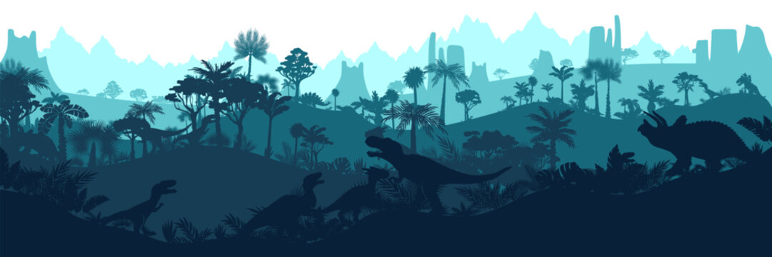 Dinosaur jungle background. Layered landscape with prehistoric rainforest. Parallax effect. Horizontal blue panoramic backdrop with dinosaurs, mountains, palms, trees and bushes.