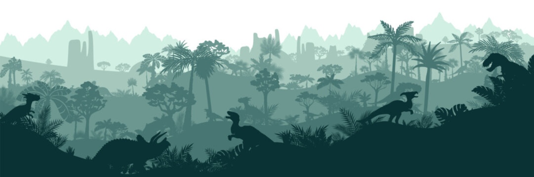 Dinosaur jungle background. Layered landscape with prehistoric rainforest. Parallax effect. Horizontal blue panoramic backdrop with dinosaurs, mountains, palms, trees and bushes.