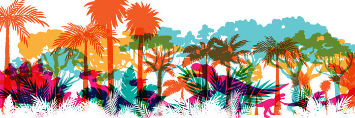 Dinosaur jungle background. Layered landscape with prehistoric rainforest. Parallax effect. Horizontal colorful panoramic backdrop with dinosaurs, mountains, palms, trees and bushes. © KsanaGraphica