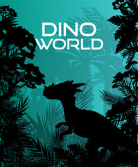 Velociraptor in jungle background. Layered landscape with prehistoric rainforest. Parallax effect. Panoramic backdrop with dinosaur, palms, trees and bushes. © KsanaGraphica