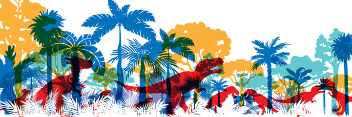 Dinosaur jungle background. Layered landscape with prehistoric rainforest. Parallax effect. Horizontal colorful panoramic backdrop with dinosaurs, mountains, palms, trees and bushes. © KsanaGraphica