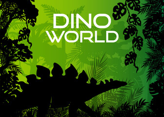 Stegosaurus in jungle background. Layered landscape with prehistoric rainforest. Parallax effect. Panoramic backdrop with dinosaur, palms, trees and bushes.