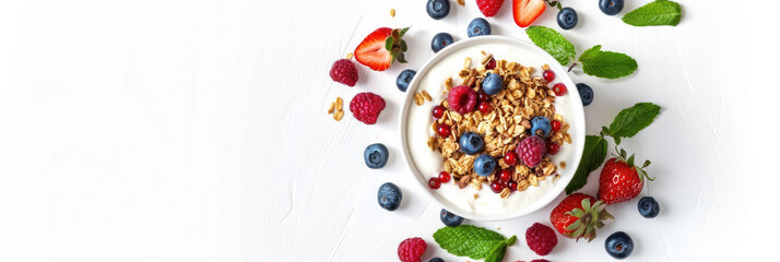 Delicious healthy breakfast bowl with yogurt, granola, and mixed berries beautifully arranged