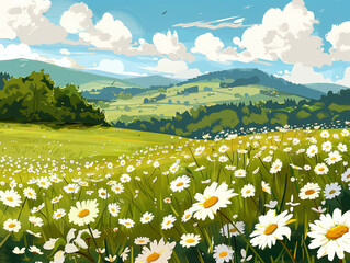 Fototapeta premium field of daisies. Chamomile flowers on a summer meadow in nature, panoramic landscape. Anime style