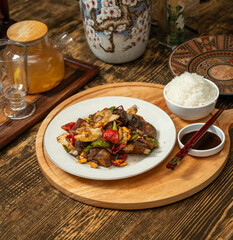 Chinese food on the wooden table