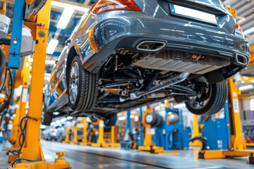 Fototapeta premium Car on hydraulic lift for undercarriage repair, Modern automobile underside revealed on yellow lift in busy vehicle factory. Precision vibrant colors highlight advanced automotive engineering.