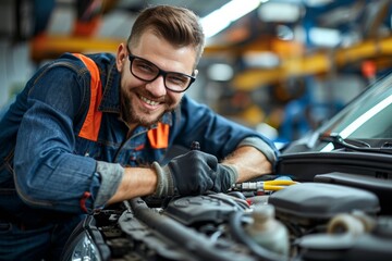 Obraz premium Mechanic adjusting car headlights, Smiling mechanic with glasses working on car engine, displaying skill enjoyment. Equipped in denim and safety gloves, in an industrious automotive workshop setting.