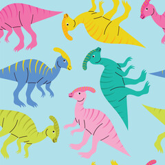 Seamless pattern with hand drawn cute colorful dinosaurs, hand drawn vector illustration
