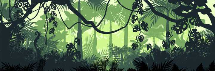 Jungle landscape. Layered background with rainforest. Parallax effect. Horizontal green panoramic backdrop with lianas, palms, trees and bushes.