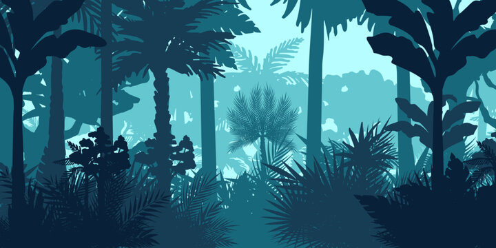 Jungle landscape. Layered background with rainforest. Parallax effect. Horizontal blue backdrop with palms, trees and bushes.