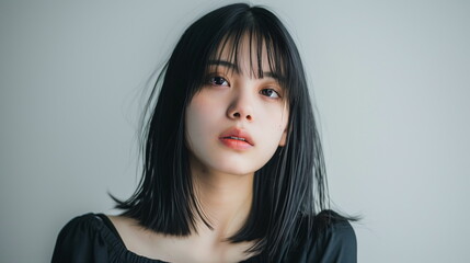 ストレートヘア　黒髪の若い女性