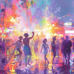 Songkran water festival with people splashing water
