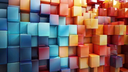 A vibrant, 3D-rendered image of stacked, glossy cubes in a gradient of cool blues to warm oranges, creating a dynamic and colorful visual effect.