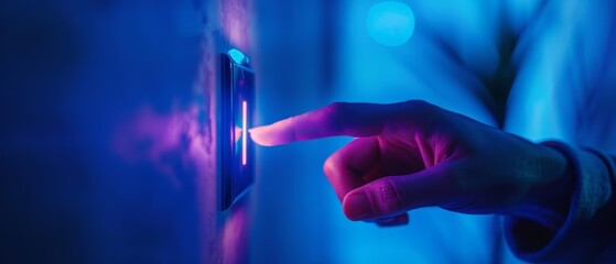 Close up of a finger turning on a switch against a dark blue wall