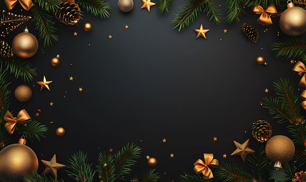 Gift boxes and Christmas decorations on dark background, flat lay. Space for text