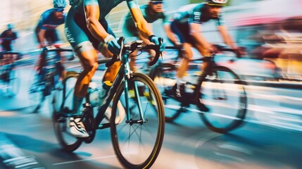 Fototapeta premium Urban cyclists racing through city streets in a criterium, showcasing speed and agility