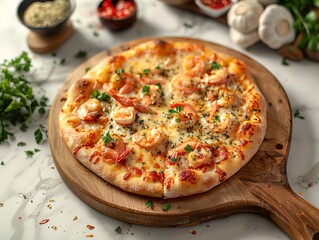 Seafood Pizza on Wooden Pizza Tray