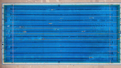group of swimmers training in an outdoor pool top down view