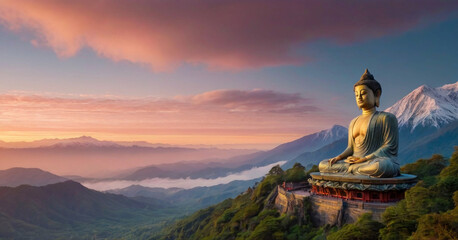 A mountain range with a large statue of Buddha sitting on top. The sky is pink and orange, creating a serene and peaceful atmosphere