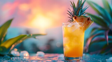 Tropical refreshment, a fruit-filled cocktail in a glass with a straw on a beach