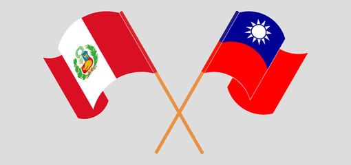 Crossed and waving flags of Peru and Taiwan