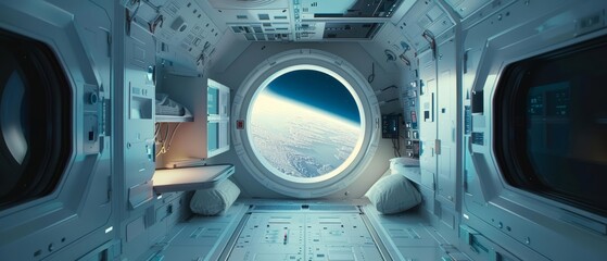 Fototapeta premium Frame mockup, in a stateoftheart space station, reminding astronauts of the boundless potential of imagination