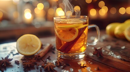 a hot toddy with a cinnamon stick and lemon - Powered by Adobe