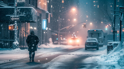 Nighttime winter city street with falling snow - Powered by Adobe