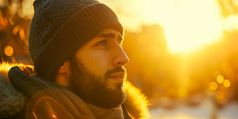 Pensive man wearing winter gear looking into distance at sunset - Powered by Adobe