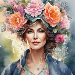 Naklejka premium Portrait of a beautiful blooming adult woman. Women's health concept. Watercolor illustration.