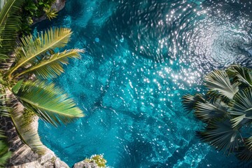 Obraz premium Aerial view of a clear blue tropical pool surrounded by lush palm trees and sparkling water. Generated AI