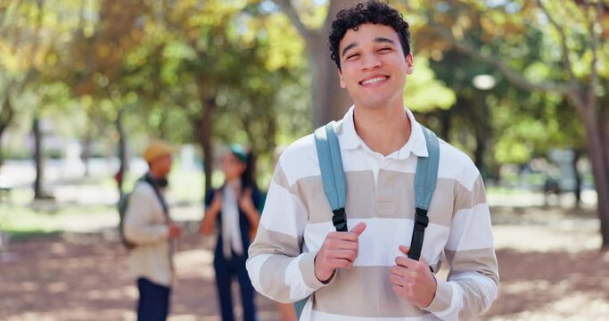Male student, outdoor and portrait with laugh, backpack and pride on campus or university for learning. Man, happy and scholar for education, development and scholarship in study abroad in UK college