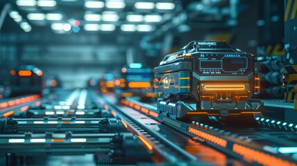 The closeup of automated guided vehicles AGVs navigating through a factory