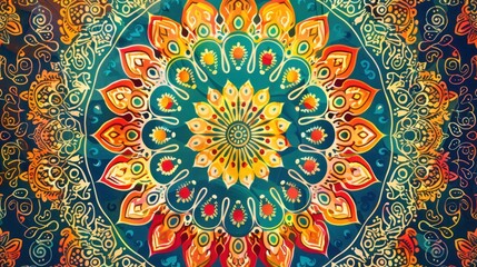 An intricate mandala design filled with radiant hues and geometric patterns, beautifully symmetrical --ar 16:9 Job ID: ca32cdf0-ab78-4c86-afb9-e7fd662cab31