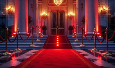 A red carpet leads up to the entrance of a grand awards venue, flanked by velvet ropes and elegant lighting. The scene is set for a night of glamour and celebration, awaiting its esteemed guests.
