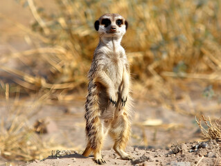 Fototapeta premium A meerkat stands tall, eyes wide, on its hind leg, with a look of curiosity.