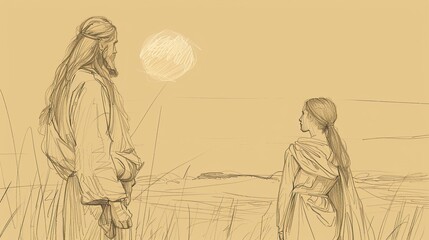 Obraz premium Biblical Illustration of Ruth 3: Ruth's Nighttime Visit to Boaz on the Threshing Floor, Request for Kinsman-Redeemer, Boaz's Promise on Beige Background with Copyspace