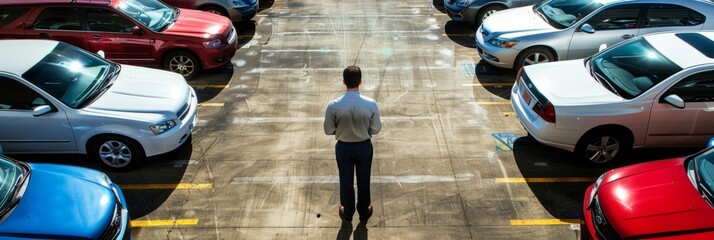 A man is standing in the center of a busy parking lot surrounded by rows of parked vehicles, possibly inspecting preowned cars at a dealership - Powered by Adobe