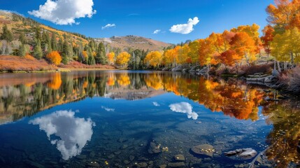 Fototapeta premium Image of a crystal-clear lake reflecting the vibrant autumn foliage of surrounding trees --ar 16:9 Job ID: 113a7a49-3998-47b0-abac-c57f92ed45b0