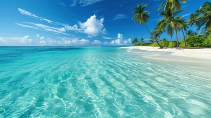 Image of a tropical beach with crystal clear turquoise waters, white sand, and palm trees swaying in the breeze --ar 16:9 Job ID: 755e2015-1877-4d3e-9576-0b0455570645