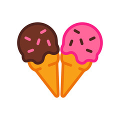 Logo i love ice cream. Bola de helado en cono de waffle sabores fresa y chocolate con forma de corazón