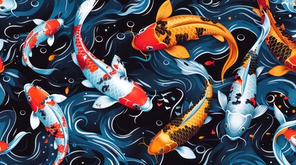 Japanese koi fish pattern with vibrant colors swimming gracefully in a serene pond --ar 16:9 Job ID: 6215726e-1e8c-4144-9661-8bc517072f8c