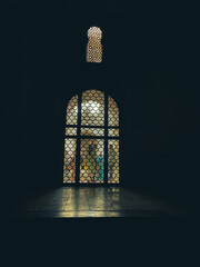 Beautiful abstract light coming from window in black room. Pattern texture