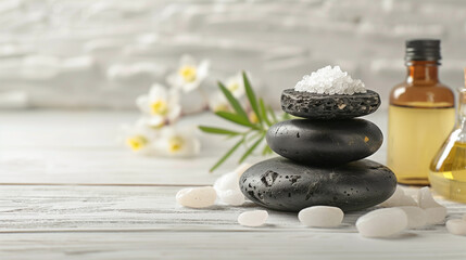 Cosmetic spa set with massage stone, essential oils and sea salt with copy space.