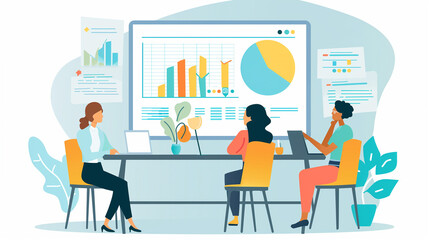 Businesswoman Leading a Team Meeting with Digital Whiteboard Displaying Charts in a Focused Atmosphere