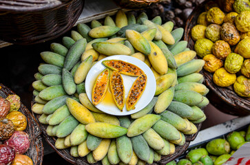 Tropical fruit, passion fruit and vegetable market in Madeira 