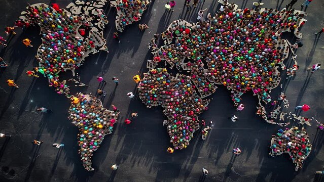 World population day concept. Infographic of human population changes across continents. Overpopulation animation. Population growth. Human population on the planet. World population density map. 4K